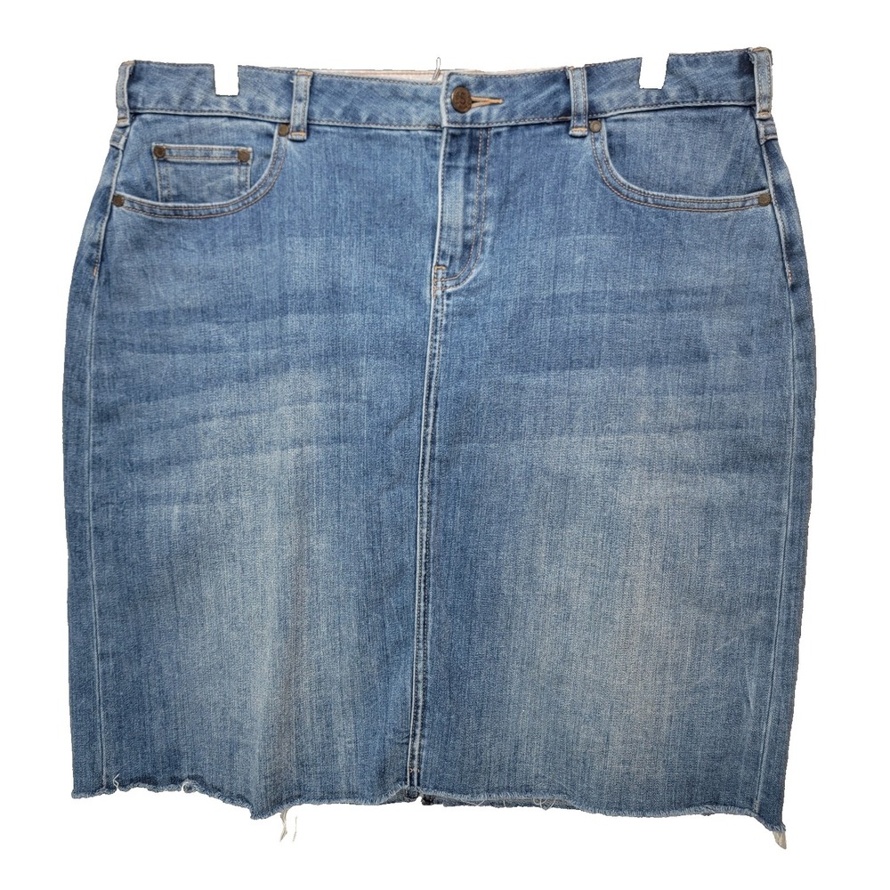Sundance Denim Skirt Womens L Pencil Stretch‎ Pockets Knee Raw Hem Back Split